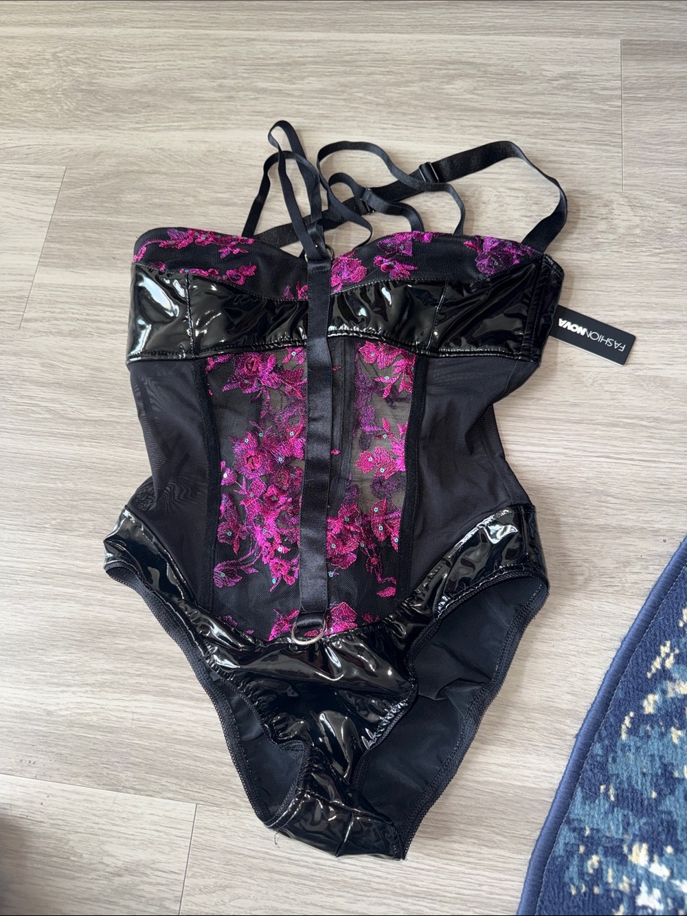 Fashion Nova Black Vinyl Bodysuit with Fuchsia Floral Lace